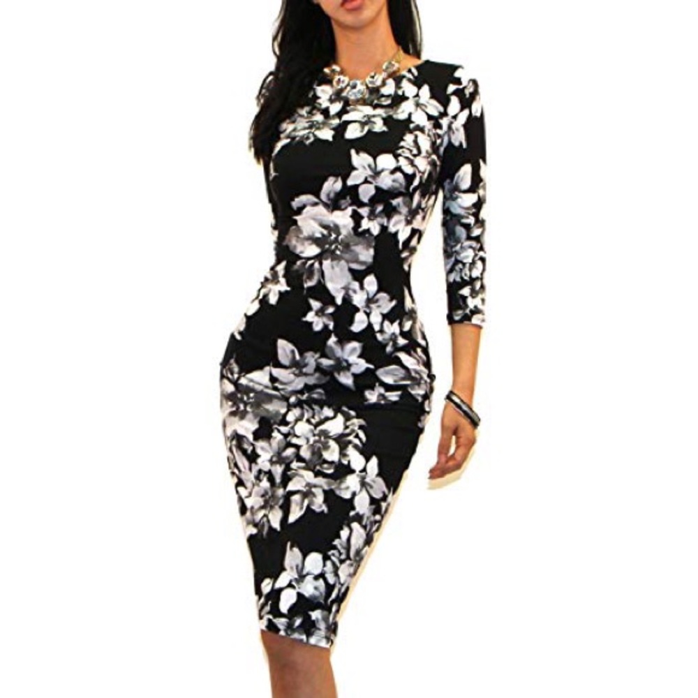 Black & White Floral Soft Bodycon Midi Dress